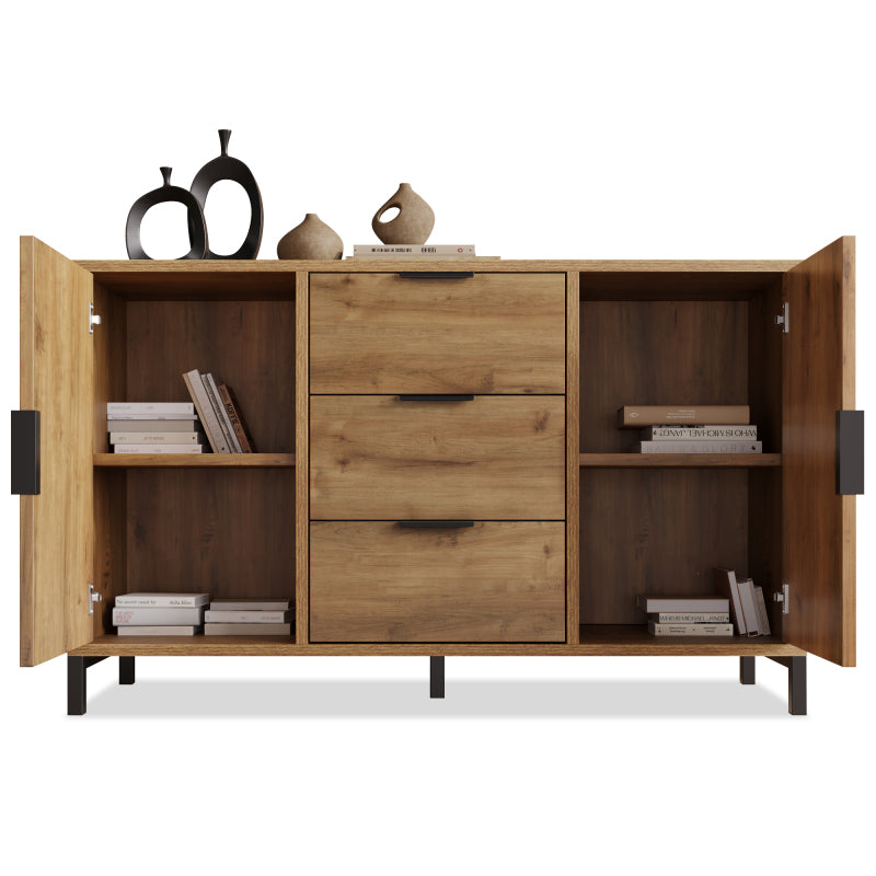Kommode mit 2 Türen und 3 Schubladen, 120 x 40 x 76 cm in Dunkle Eiche, Verstellbare Ablage, Sideboard Highboard für Schlafzimmer & alle Wohnräume
