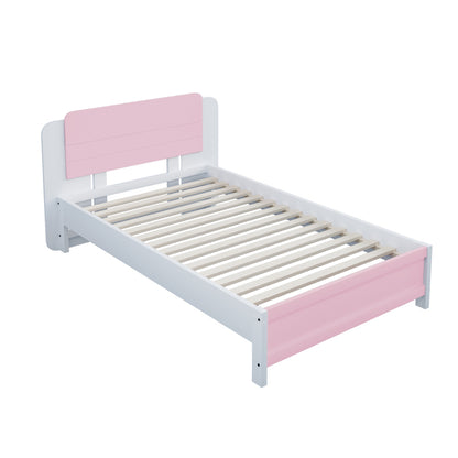 Holzbett 90*200 cm , Einzigartige und Minimalistische Form, Kopfteil mit Liniendesign, Kindereinzelbett, Rosa