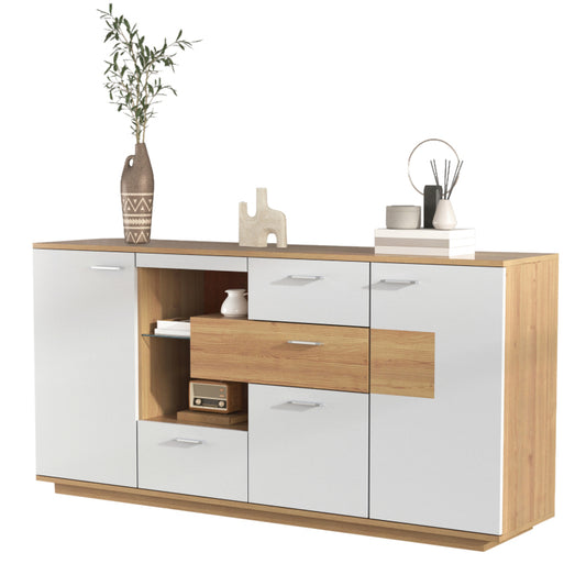 Modernes Sideboard-Schrank mit viel Stauraum, mit LED-Beleuchtung, 160x40x77cm, 2 Türen, 4 Schubladen, Glasablage, Holzoptik, Weiß,Wohnzimmermöbel, Organizer, Kommode, Mehrzweckschrank.