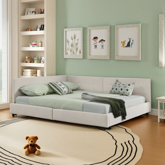 Doppelbett 160x200, weiches hautfreundliches Samt, L-förmiges Eck Bettgestell, robuste Eukalyptus- und Eisenlatten, Beige (ohne Matratze)