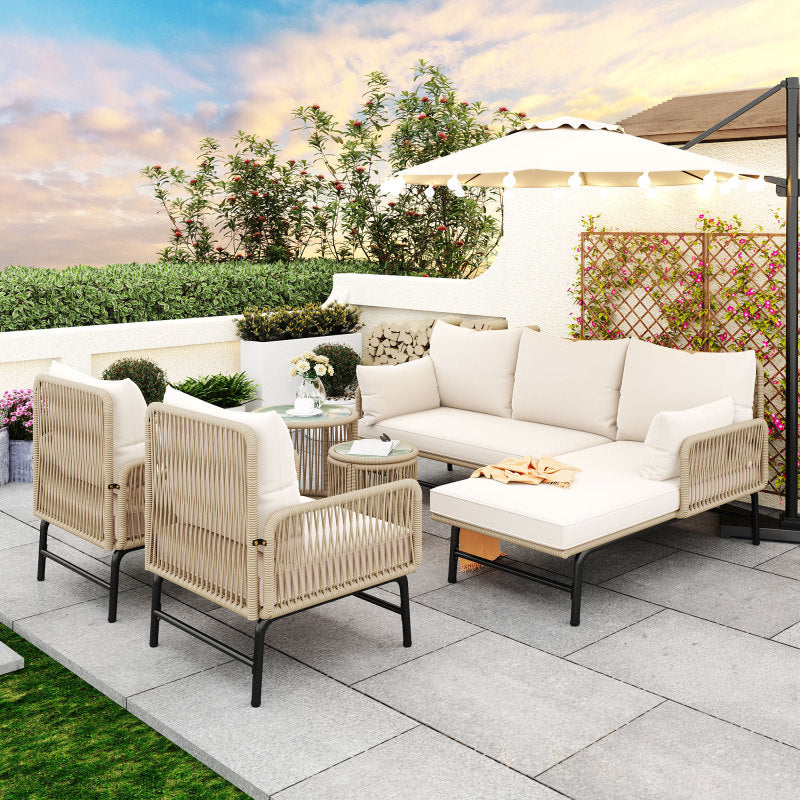 Gartenlounge-Set, Gartenmöbel-Set, Mit Eisenrahmen und beigem Seil, Gartenmöbel aus gewebtem Seil für den Außenbereich, Beige, Zwei Sessel, zwei 2-Sitzer-Sofas und zwei Tische (alle Kissen inklusive)