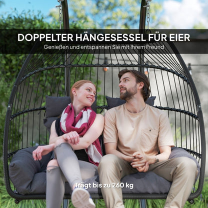 Hängesessel mit Gestell faltbar Hängekorb mit Kissen, Polyrattan, für 2 Personen, belastbar bis 260kg Sessel für Balkon Terrasse, Dunkelgrau