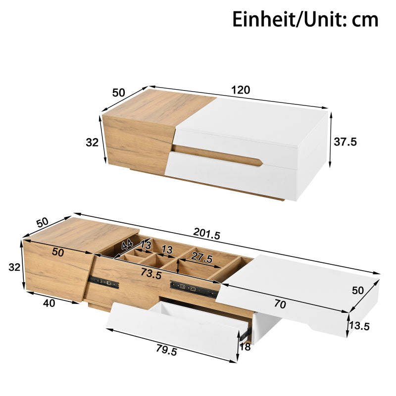 Ausziehbarer Couchtisch, Wohnzimmertisch mit Schubladen, Beistelltisch mit Farbblockstruktur