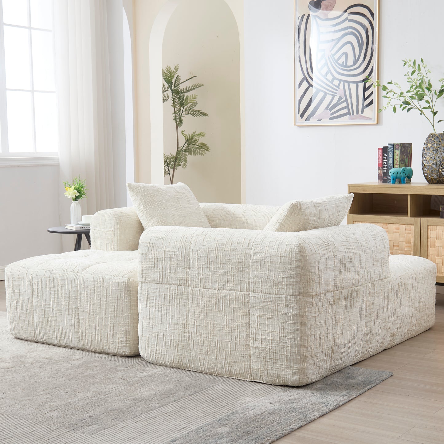 Modernes Sektionssofa, L-Sofa, 3-Sitzer-Sofa, keine Installation erforderlich, Chenille-Sofa mit Chaiselongue und Armlehnen, 3 Kissen, Seitentasche für Fernbedienung, Beige