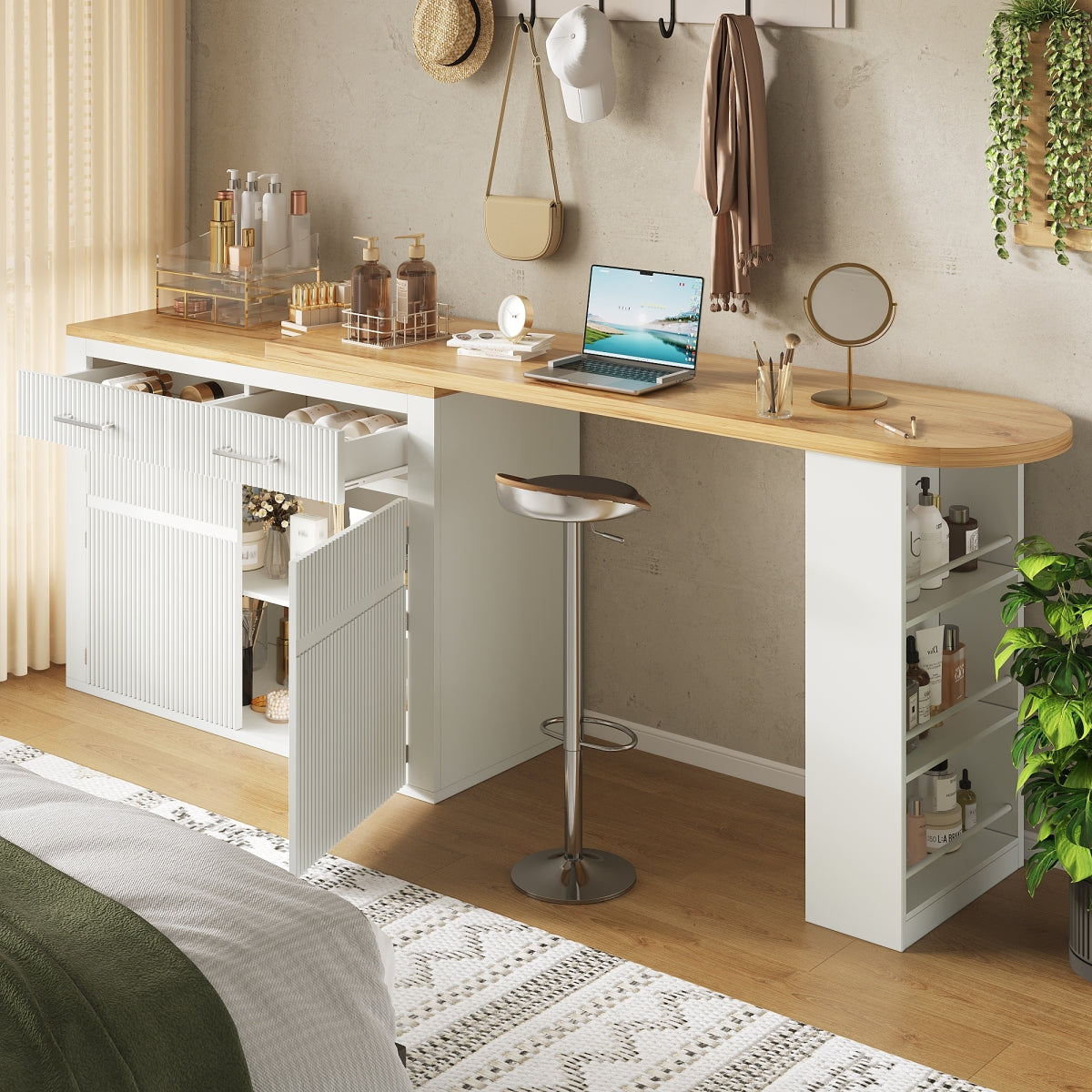 Ausziehbarer Bartisch Weiß (137-215cm) - Moderner Teleskop-Hochtisch mit Schublade & 2 Regalen - Bewegliche Kücheninsel & Bistro Table