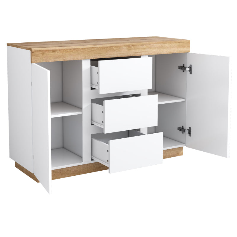 Kommode mit 3 Schubladen und 2 Türen, Schließfach,Funktion von Aufbewahrung, für Schlafzimmer und Wohnzimmer, E1-Spanplatte, weiß+oak
