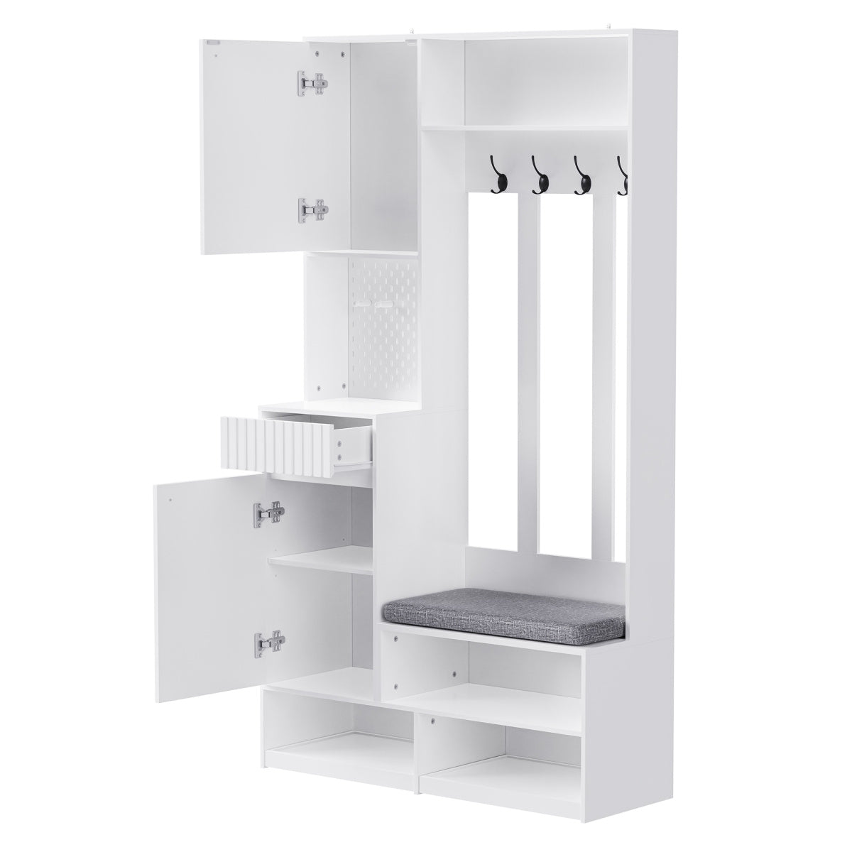 Garderoben-Set mit Sitzbank, Schubladen & Lochwand, Flurgarderobe 6-in-1, MDF, Weiß, 100x180x35 cm