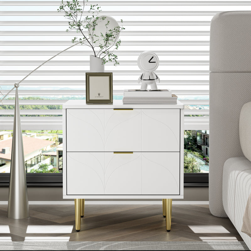 Moderner Nachttisch mit vergoldeten Füßen und Knöpfen, florales Muster, 2er-Set mit 2 Schubladen, lackiert, Ecken mit Anti-Bump-Design, 50B*40T*54H cm, weiß