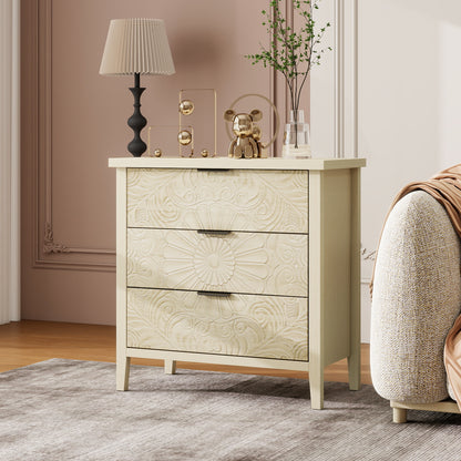 Kommode 80x80 cm Weiß, Anrichte mit 3 Schubladen in 3D-Holzoptik, Sideboard mit Bodengleitschienen & Kippsicherung