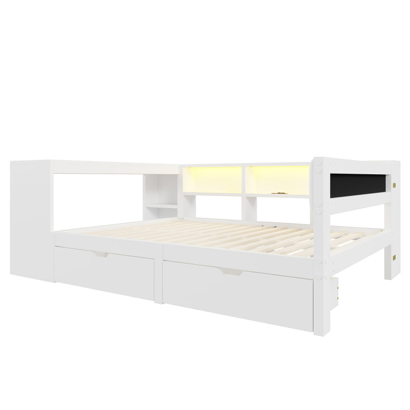 140x200 Holz-Plattformbett mit Ablageflächen, Schubladen, Ladestation und gepolstertem Kopfteil, Mit bunten LED-Leuchten, Weiß