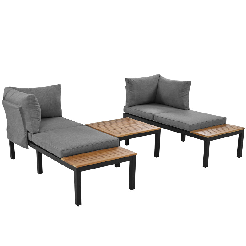 Garten-Lounge-Set (2 Zweisitzer, 2 Beistelltische, 1 Tisch), Tischplatte aus massiver Akazie, Stoffbezug für Rückenlehne, grau(previous sku:HW00005AAE)
