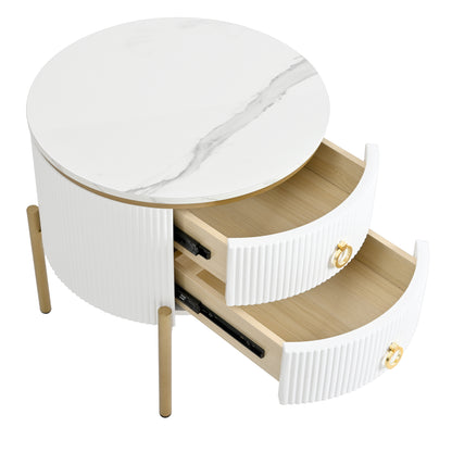 Beistelltisch, Couchtisch mit Schubladen, Marmorstruktur, goldenen Beinen und Griffen