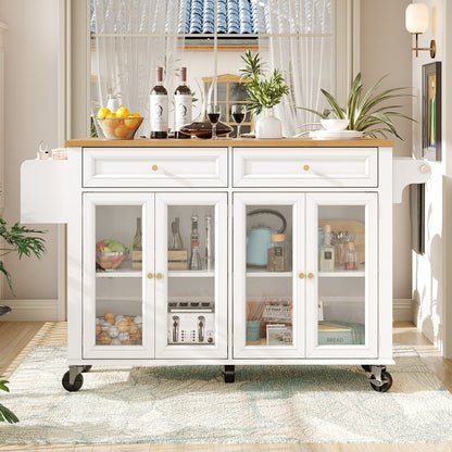 Kücheninsel mit Rollen & Glastüren, klappbare Arbeitsplatte, mobiler Servierwagen mit Schublade & Regal, Küchenwagen Weiß & Holzoptik
