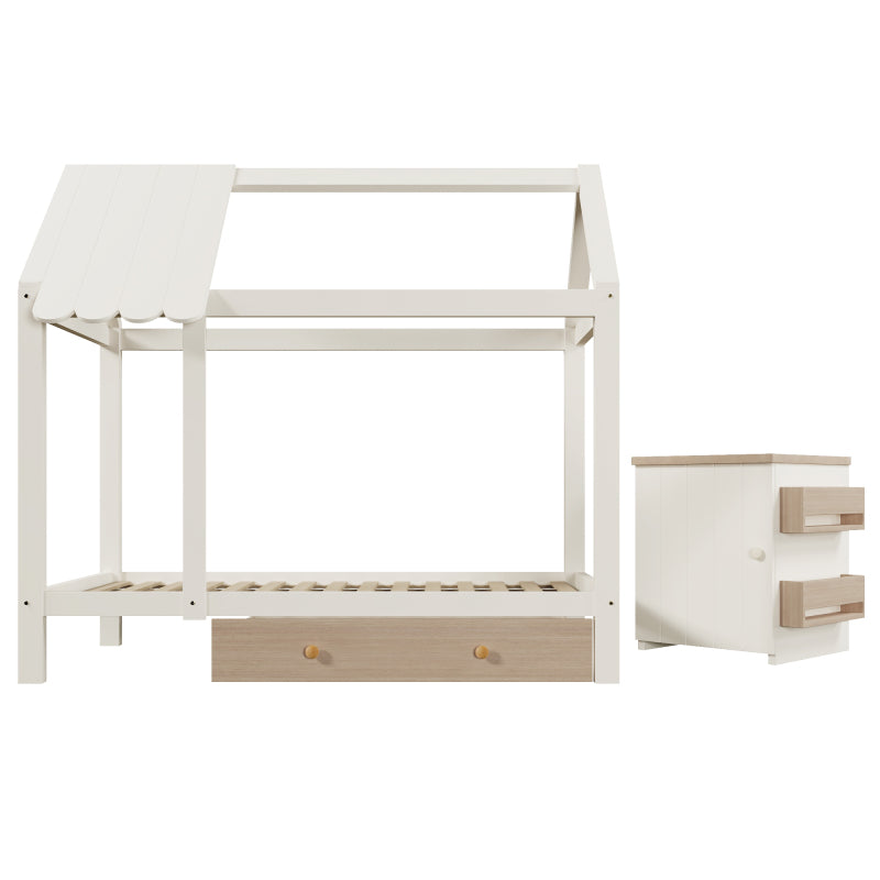Hausbett Kinderbett 90x200 cm aus Massivholz mit Schubladen & abnehmbarem Nachttisch - Bodenbett in Weiß und Eichenweiß, ohne Matratze