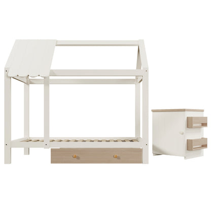 Hausbett Kinderbett 90x200 cm aus Massivholz mit Schubladen & abnehmbarem Nachttisch - Bodenbett in Weiß und Eichenweiß, ohne Matratze