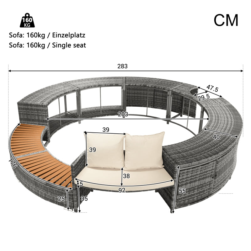 Garten-Lounge-Set mit runder Couch, Gartenmöbel-Set, Lounge-Set, für Whirlpool und Pool, mit verstellbaren Füßen, inklusive Kissen, Möbel für Terrasse, Garten oder Poolbereich(previous sku:HW00004AAA)
