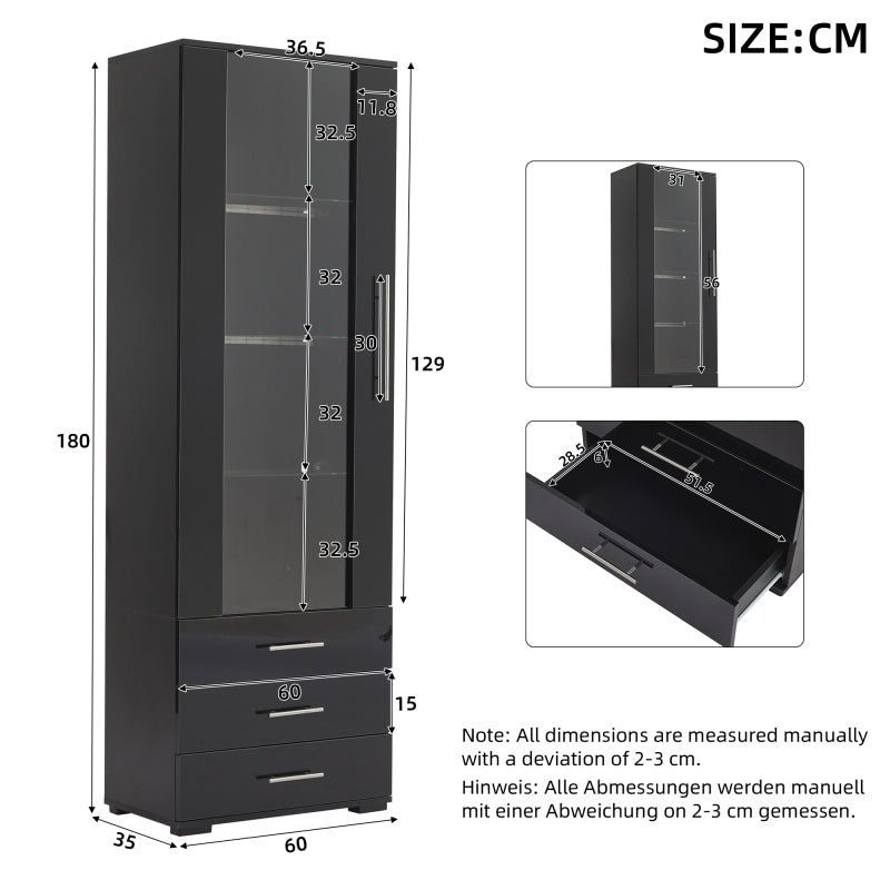 Schwarz Hochglanz Vitrine, Vitrine Glasvitrine , Standvitrine mit LED-Beleuchtung, Vertikale Vitrine mit 3 Schubladen, 60*35*180cm