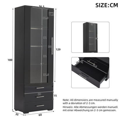 Schwarz Hochglanz Vitrine, Vitrine Glasvitrine , Standvitrine mit LED-Beleuchtung, Vertikale Vitrine mit 3 Schubladen, 60*35*180cm