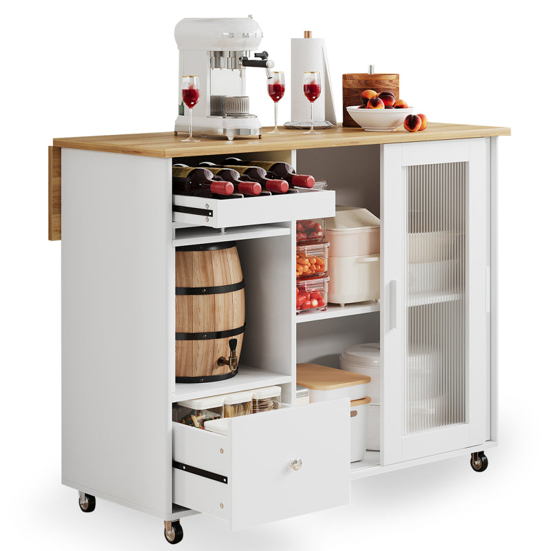 112×46(69)×91cm, klappbarer Kücheninselwagen, Eichenholzfurnier, Weinregal, Schubladen, großer Kücheninselwagen mit Schiebetüren aus gehärtetem Glas und verstellbaren Einlegeböden, mobiler Inselwagen