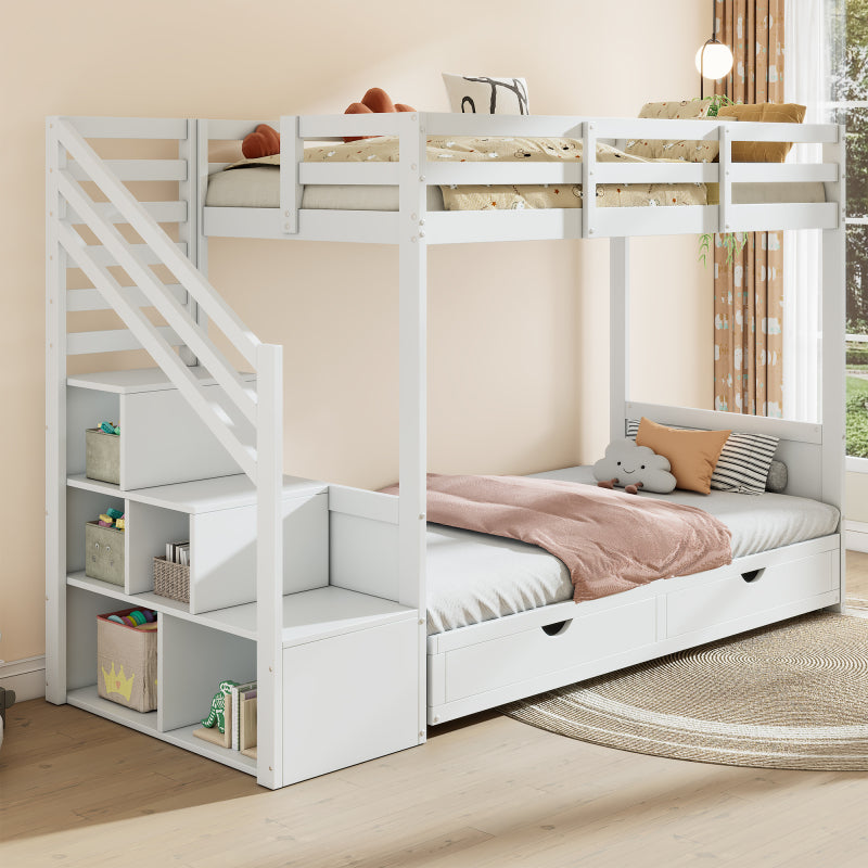 Kinder-Etagenbett, Doppelbett, multifunktionales Kinderbett,Mit Treppenschrank und 2 Schubladen, ohne Matratze, Die untere Ebene als Bett oder Sofa genutzt und enthält Kissen , weiß, 90*200