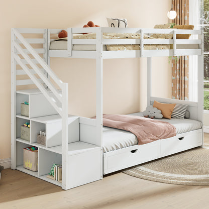 Kinder-Etagenbett, Doppelbett, multifunktionales Kinderbett,Mit Treppenschrank und 2 Schubladen, ohne Matratze, Die untere Ebene als Bett oder Sofa genutzt und enthält Kissen , weiß, 90*200