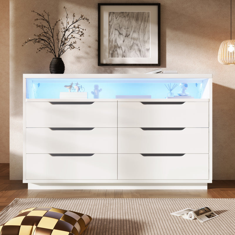 Sideboard, Kommode mit LED-Beleuchtung und 6 Schubladen, Staufach mit Marmorkorn, Moderner Schrank für Wohnzimmer und Schlafzimmer, 120x40x85cm, Weiß