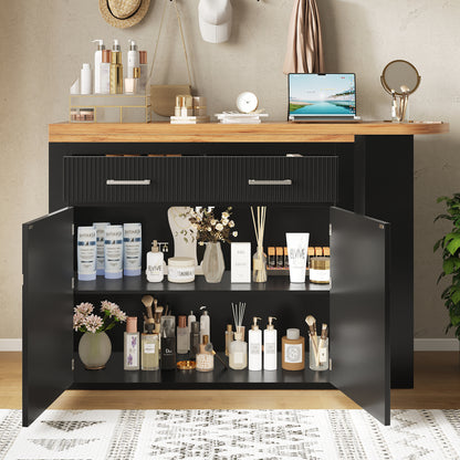 Ausziehbarer Bartisch Schwarz (137-215cm) - Moderner Teleskop-Hochtisch mit Schublade & Regalen - Bewegliche Kücheninsel & Bistro Table