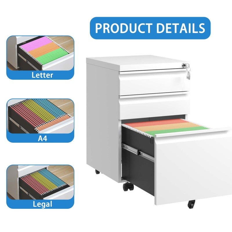 3-Schubladen-Mobil-Aktenkasten mit Schloss - Metall-Ablagekästen für Home Office Organisation – Letter, Legal und A4,Weiß,H60 cm × B37.3 cm × T44 cm.