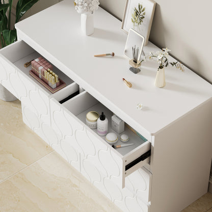 Kommode mit 6 Schubladen, Flurschrank, für Wohnzimmer, Bad und Schlafzimmer, Wellenmuster, lackiert, stoßfestes Eckdesign, 6 Fächer, 110 B x 40 T x 72 H, weiß