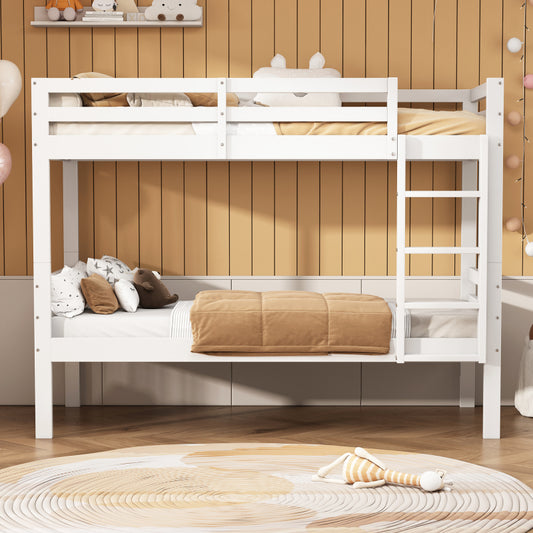 Etagenbett für Kinder, Kinderbett mit dreistufiger Winkelleiter und Absturzsicherung, Bett aufgeteilt in 2 Einzelbetten, Jugendbett, Einzelbett, Rahmen aus Kiefer, Weiß, 90x200cm