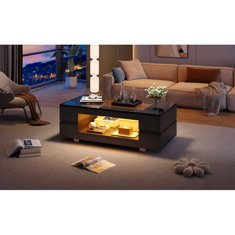 Schwarzer LED-Couchtisch mit Bluetooth-App-Steuerung, doppelschichtiger Hochglanz-Hohldesigntisch, geeignet für Partys, Büros, Wohnzimmer