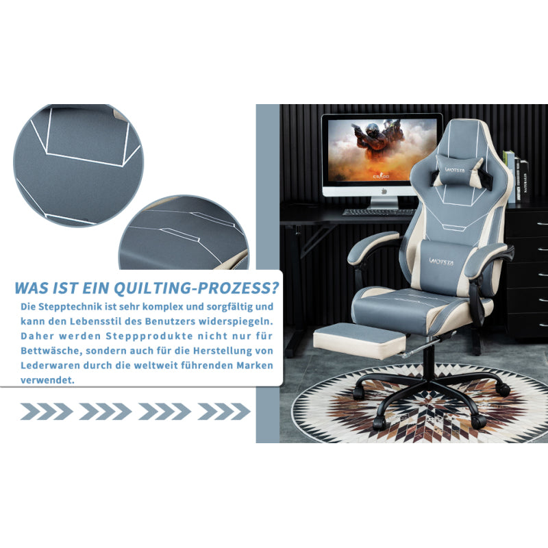 Gaming Stuhl Ergonomisch Gaming Chair Bürostuhl mit Fußstütze Racing Computerstuhl Höhenverstellbar Gepolstert Computerstuhl Lendenwirbelstütze Blaubeige