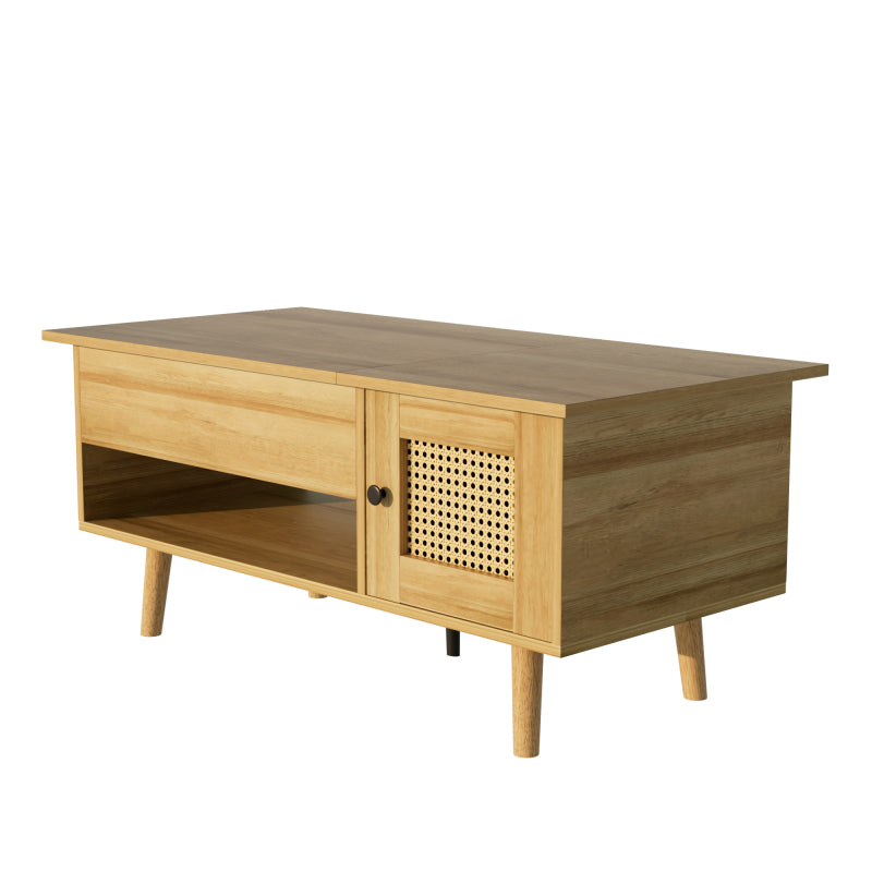 Eleganter Couchtisch mit anhebbarer Tischplatte und Rattan-Türen, Holzfarbe mit schwarzen Akzenten, ideal für das Wohnzimmer – Praktischer Stauraum und funktionales Design