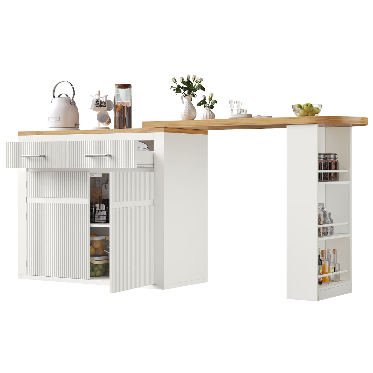 Ausziehbarer Bartisch Weiß (137-215cm) - Moderner Teleskop-Hochtisch mit Schublade & 2 Regalen - Bewegliche Kücheninsel & Bistro Table