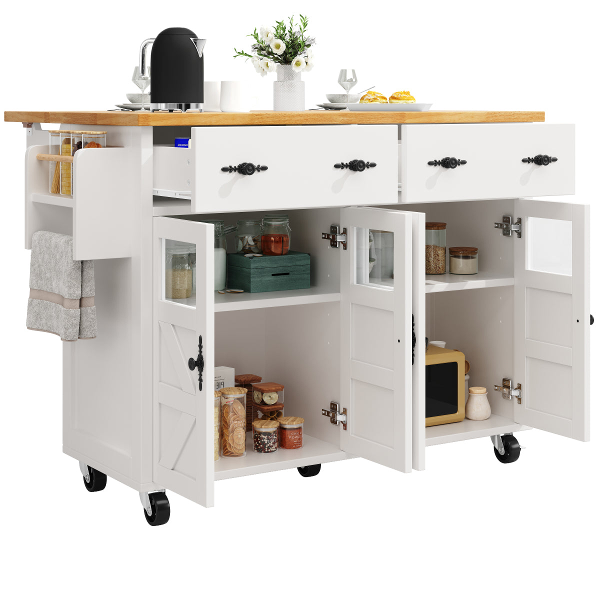 Kücheninsel mit Rollen & Glastüren, klappbare Arbeitsplatte, mobiler Servierwagen mit Schublade & Regal, Küchenwagen Weiß & Holzoptik