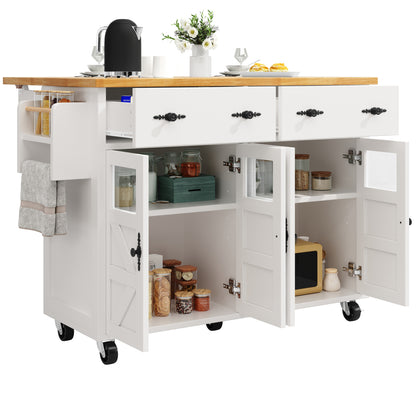 Kücheninsel mit Rollen & Glastüren, klappbare Arbeitsplatte, mobiler Servierwagen mit Schublade & Regal, Küchenwagen Weiß & Holzoptik