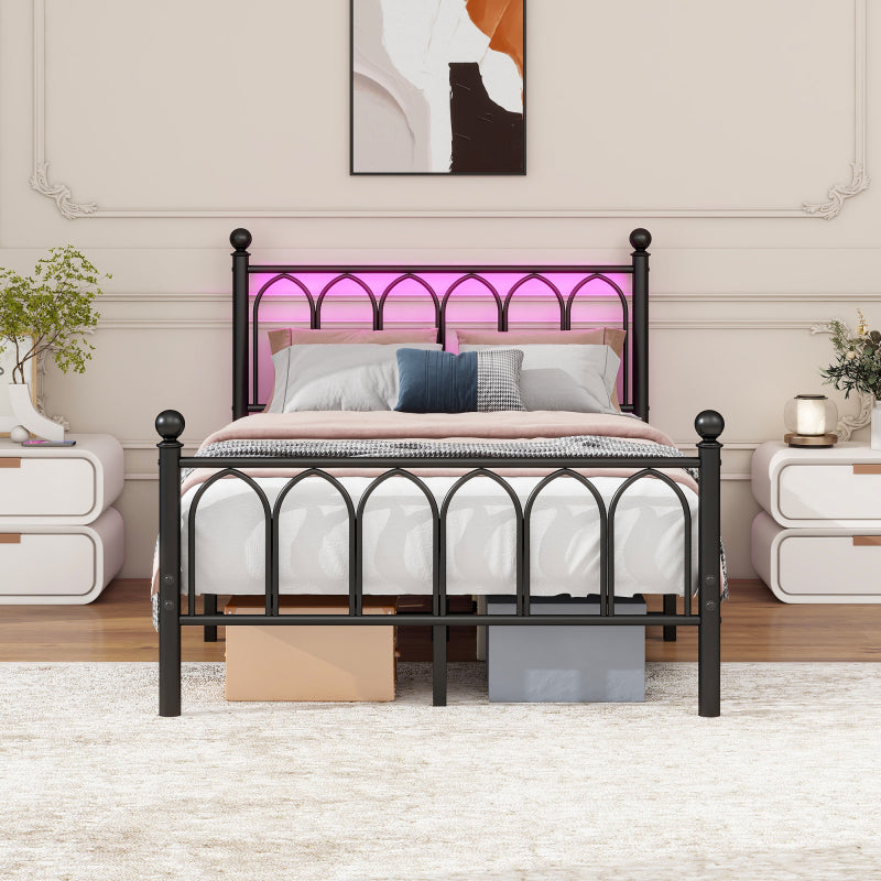 120x200cm Metall Bettrahmen mit Vintage Kopf und Fußplatte, USB-Ladestation, LED-Bettrahmen, Heavy Duty Stahl Slat Unterstützung, Reichweite Unterbett-Speicher, Keine Box-Feder erforderlich, Schwarz