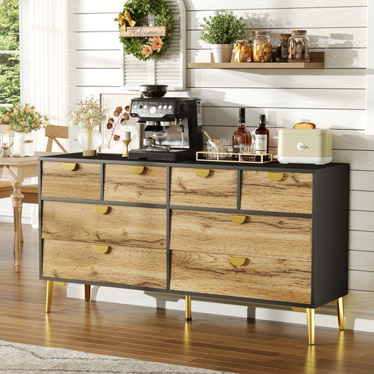 L150*W40*H78cm, Moderne Sideboard mit 8 Schubladen, Schwarz & Holzfarben, Minimalistisches Design, Goldene Metallgriff, Metallfüße, für Wohnzimmer und Esszimmer