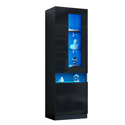 Vitrine Schwarz Hochglanz, LED-Beleuchtung, 180 cm, Glaskantenbeleuchtung