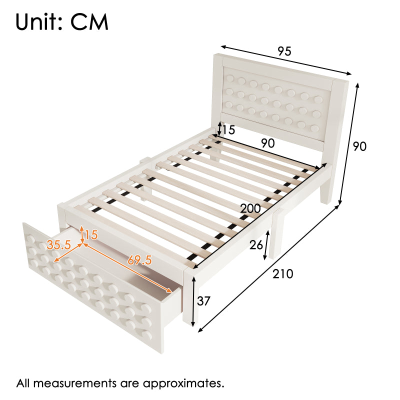 Holzbett Einzelbett 90x200 cm, Kinderbett Jugendbett mit Kreativem Block Design, Massivholz Bettgestell mit Lattenrost, mit Schubladen & Unterm Bett Stauraum, Weiß, Ohne Matratze