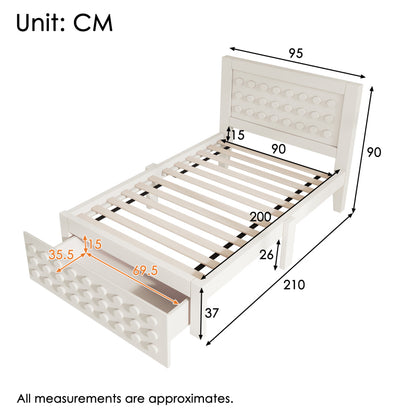 Holzbett Einzelbett 90x200 cm, Kinderbett Jugendbett mit Kreativem Block Design, Massivholz Bettgestell mit Lattenrost, mit Schubladen & Unterm Bett Stauraum, Weiß, Ohne Matratze