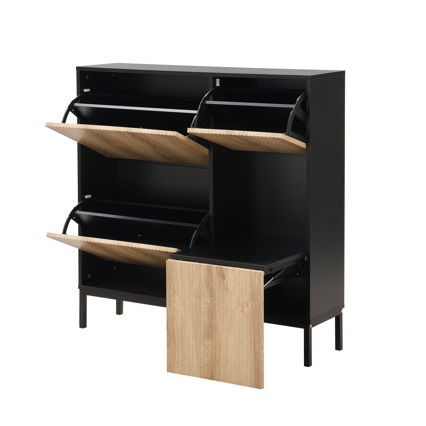 Schuhschrank mit Schuhwechselhocker, dreifach klappbarem Schuhregal und offenem Stauraum, geeignet für Flure, Schwarz + Holzfarbe