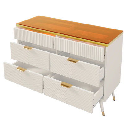 Kommode Sideboard aus Bernstein Glas, Kommode mit 6 Schubladen,Facheinteilung, kippsicher, Hochschrank für Schlafzimmer und alle Wohnräume, 120 x 40 x 76 cm, weiß