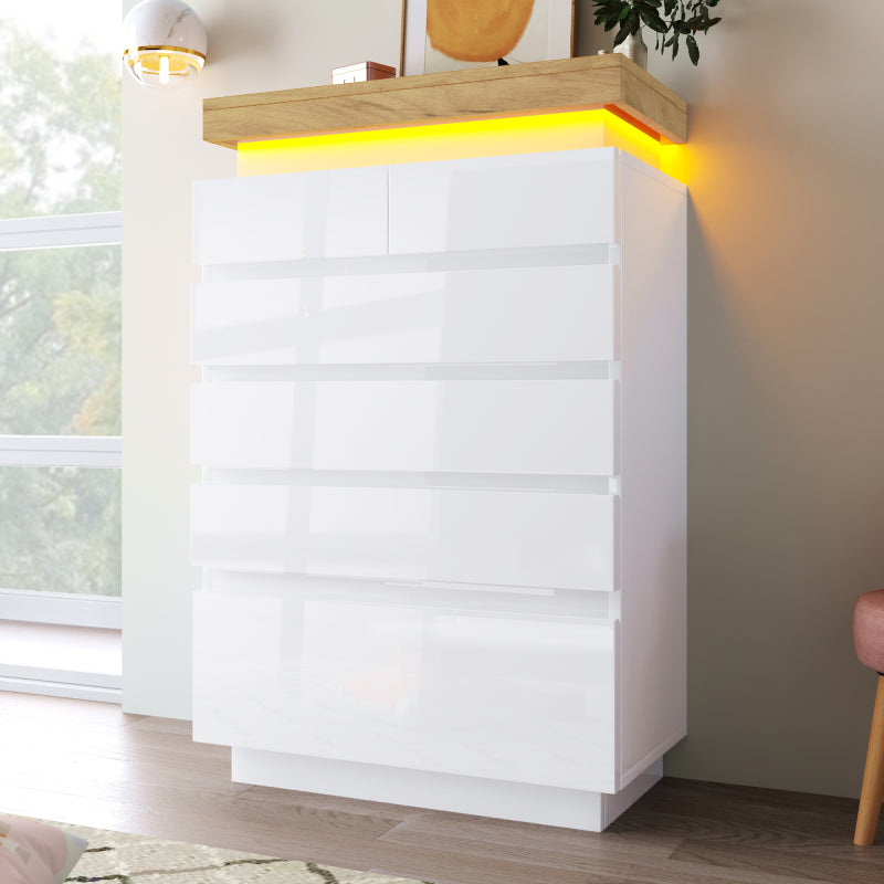 Kommode, Hochglanz Sideboard mit 6 Schubladen, LED Beleuchtung (App Control), Mehrzweckschrank für Wohnzimmer und Schlafzimmer, 115 x 73 x 39 cm, Weiß