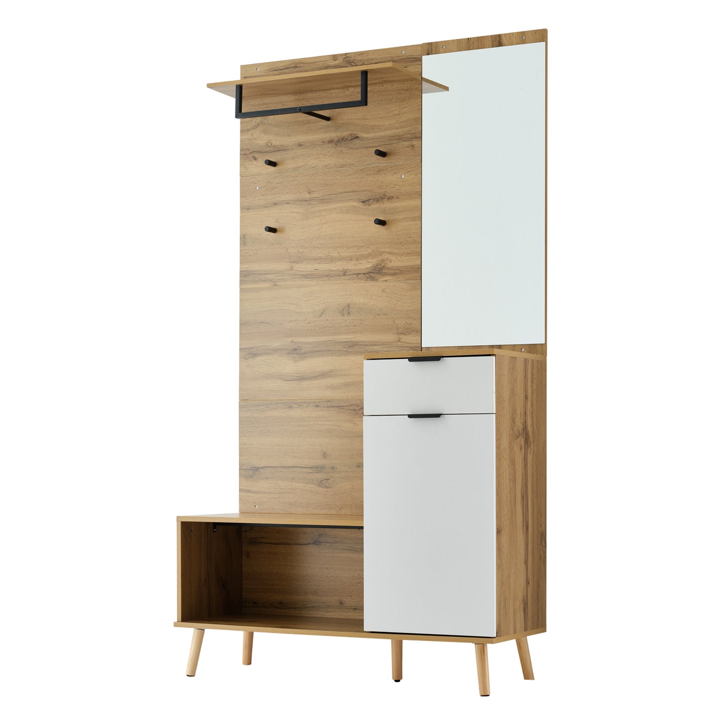 Multifunktionales Garderobenset aus Holz mit Spiegel, Schuhbank, Schuhschrank, Schublade, Regal und Kleiderhaken – Modernes Design mit hydraulischen Scharnieren und praktischem Stauraum