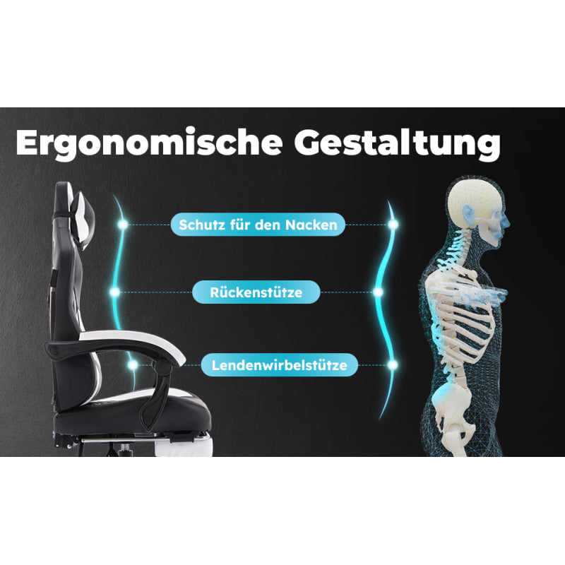 Gaming Stuhl, Ergonomischer Gaming-Stuhl mit Fußstütze, Racing Gaming Chair Kopfstütze Verstellbarer Computerstuhl Höhenverstellbar Lendenwirbelstütze für Homeoffice und Gaming Schwarz