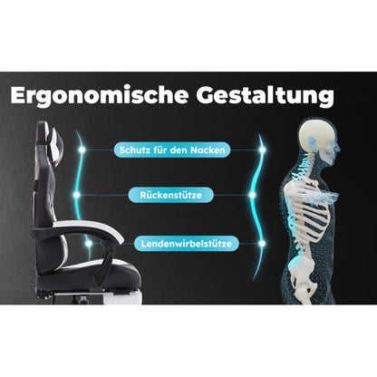 Gaming Stuhl, Ergonomischer Gaming-Stuhl mit Fußstütze, Racing Gaming Chair Kopfstütze Verstellbarer Computerstuhl Höhenverstellbar Lendenwirbelstütze für Homeoffice und Gaming Schwarz