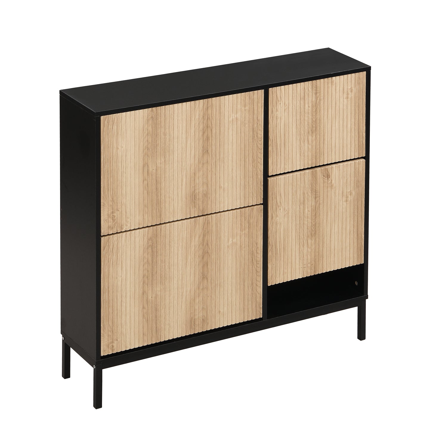 Schuhschrank mit Schuhwechselhocker, dreifach klappbarem Schuhregal und offenem Stauraum, geeignet für Flure, Schwarz + Holzfarbe
