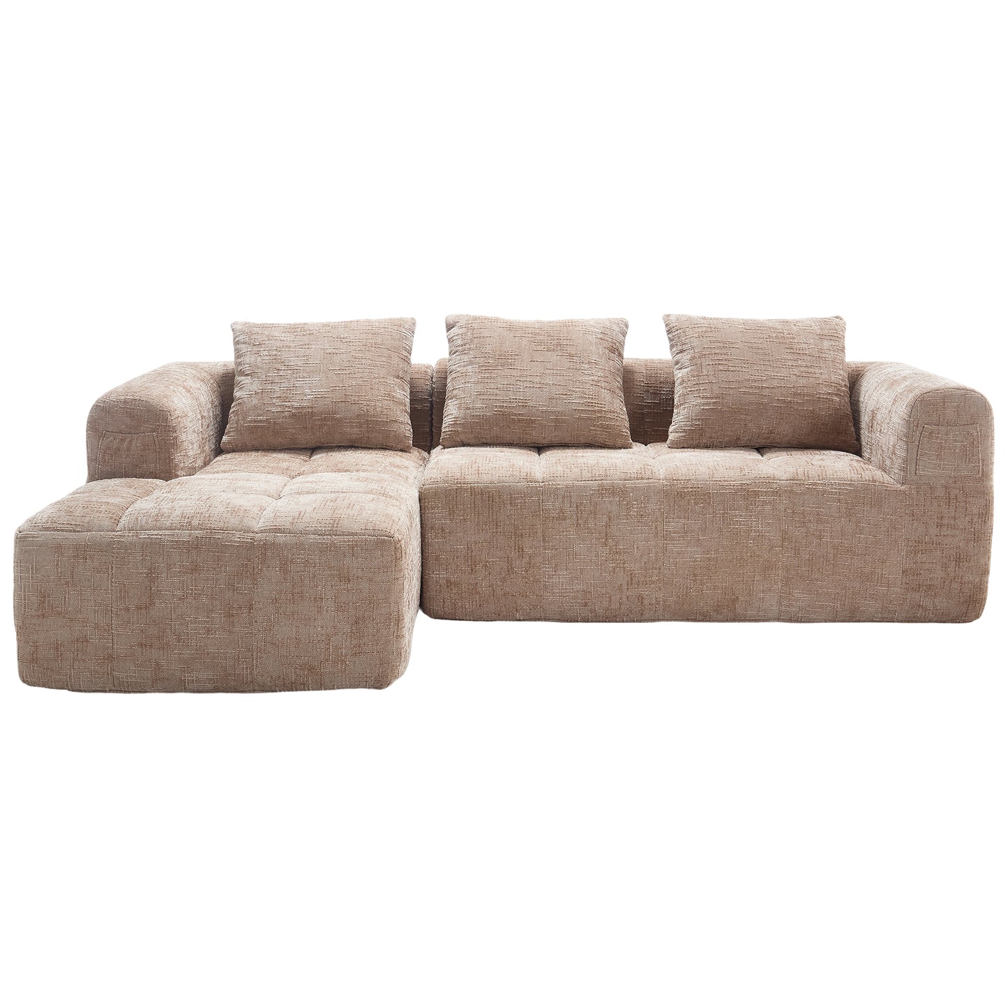 Modernes Sektionssofa, L-Sofa, 3-Sitzer-Sofa, keine Installation erforderlich, Chenille-Sofa mit Chaiselongue und Armlehnen, 3 Kissen, Seitentasche für Fernbedienung, khaki
