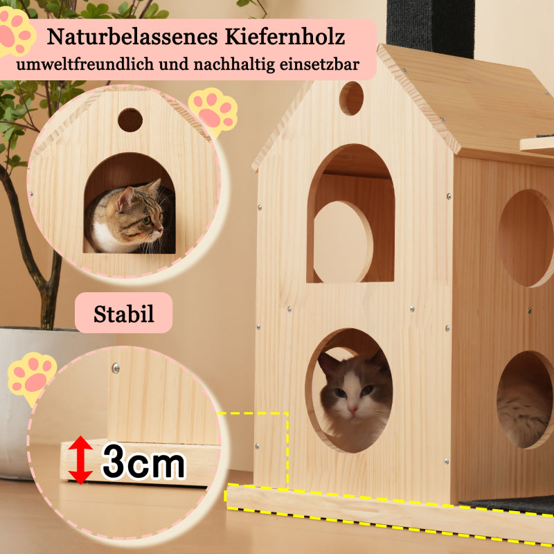Katzenbaum aus Massivholz mit Laufrad mit 4 Plattformen, 2 Katzenhäusern, Sisalpfosten & waschbaren Kratzmatten, 80×40×152 cm